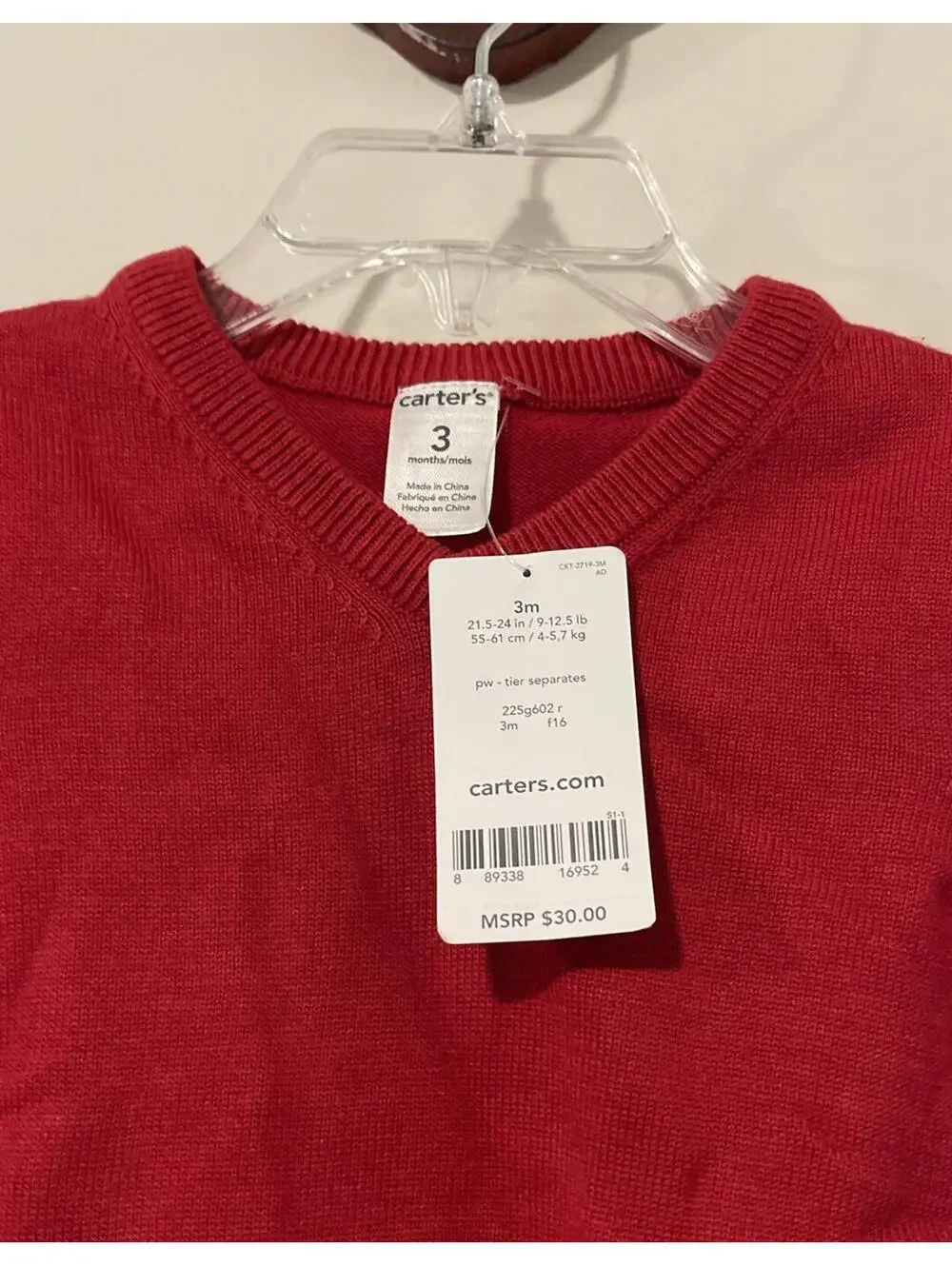 Carters Infant Boys Size 3 Months Red Vneck Pullover Sweater NWT! A1551